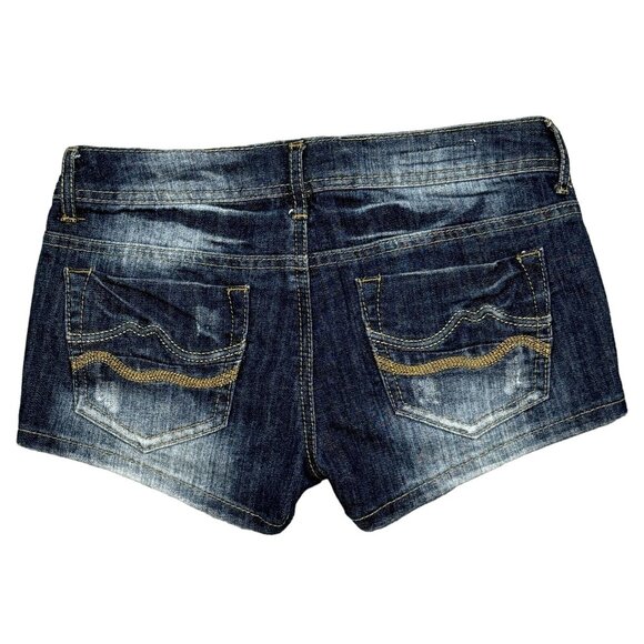 Hot Kiss Womens Blue Denim Cici Short Shorts Flag Patchwork Low Rise Size 3 - Picture 2 of 13